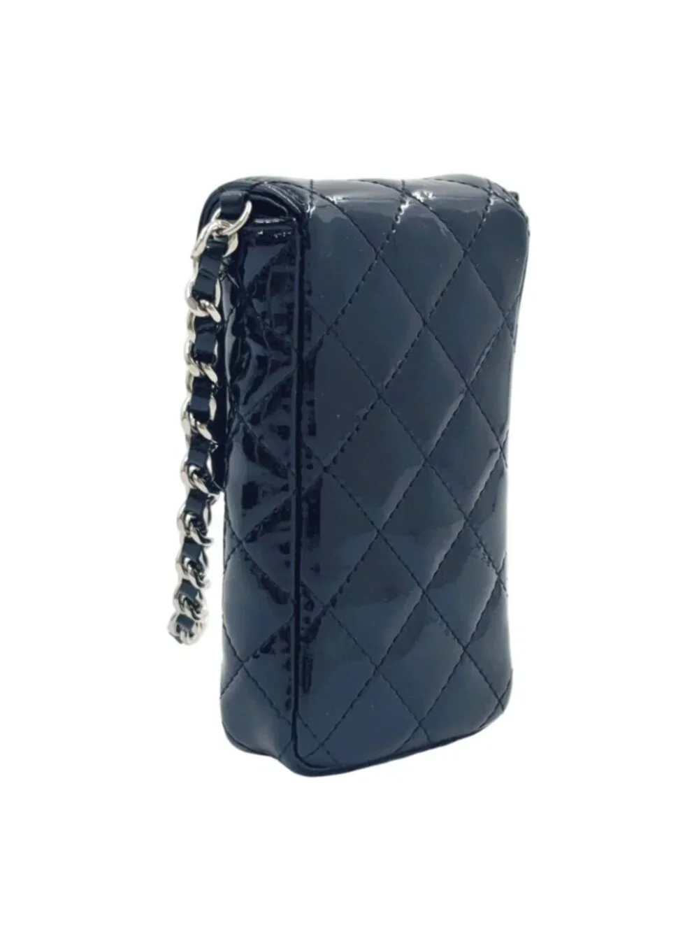 Chanel Quilted CC Logo Enamel Leather Black Pouch Silver